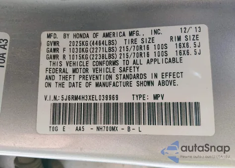 2014 Honda Cr-V Lx z USA, uszkodzony, nr VIN 5J6RM4H3XEL039969